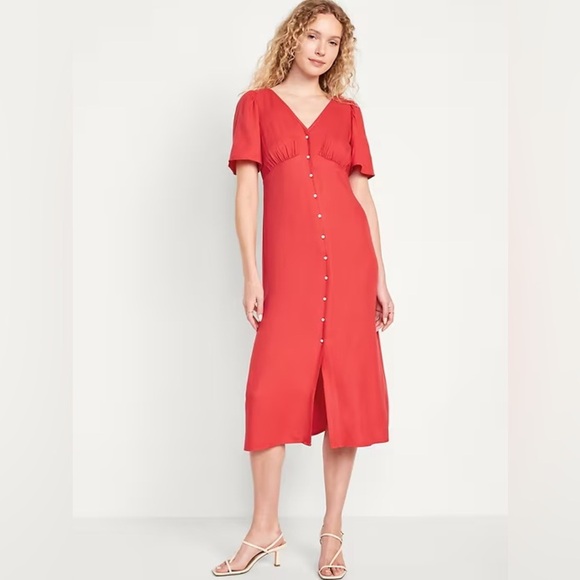 NWT! Old Navy Red Cherry Waist-Defined Midi Dress - Size Medium - Picture 1 of 8